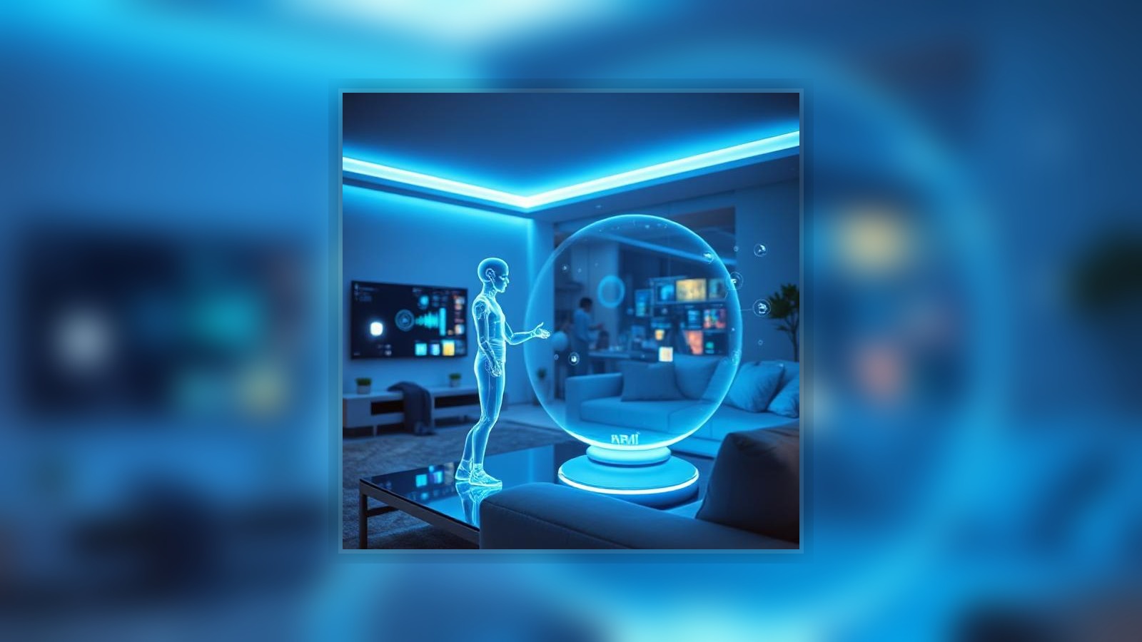 Futuristic home scene showing a holographic AI assistant projected into a smart living room
