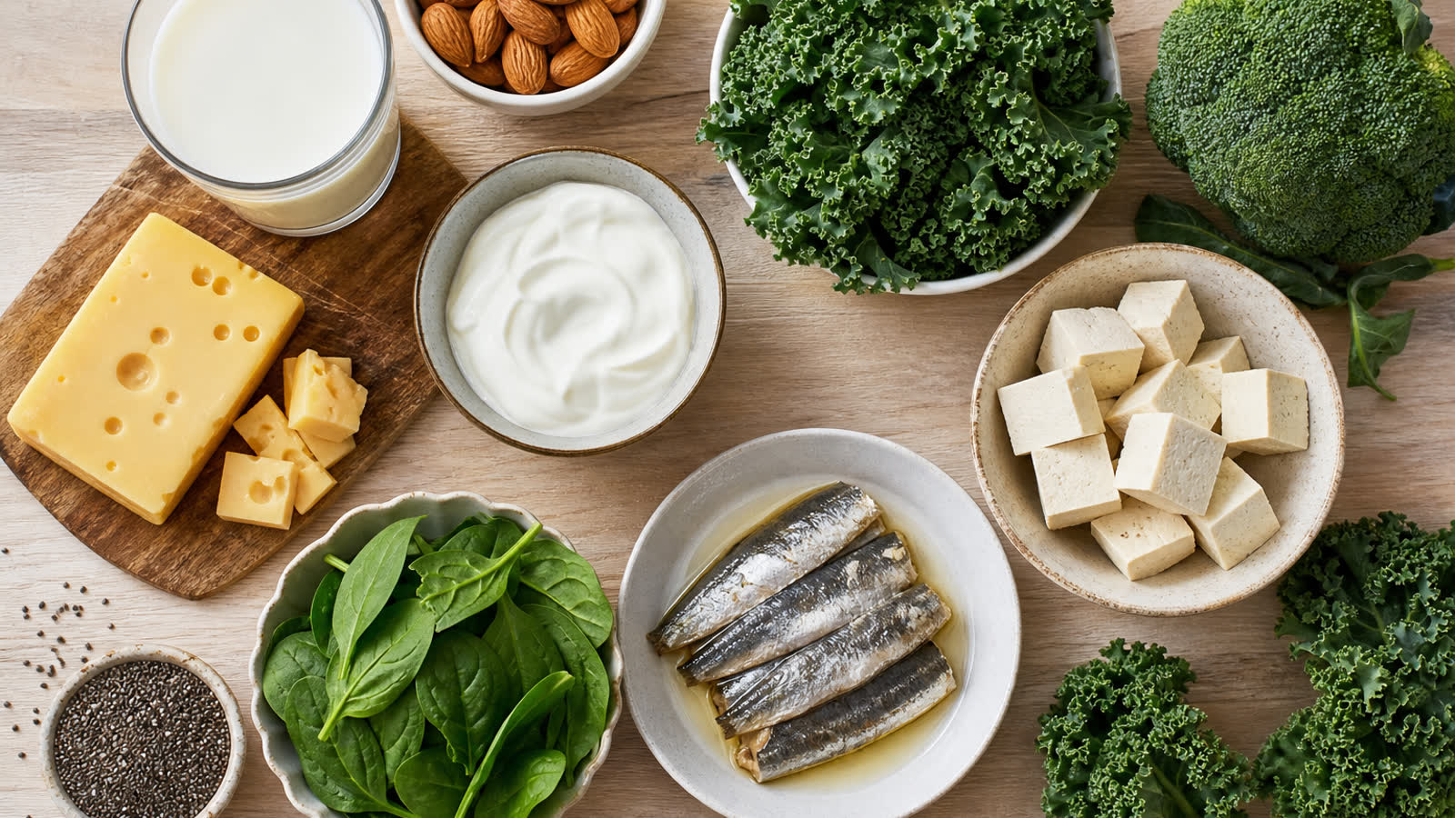 Flat lay of calcium-rich foods including milk yogurt cheese sardines almonds leafy greens tofu and chia seeds