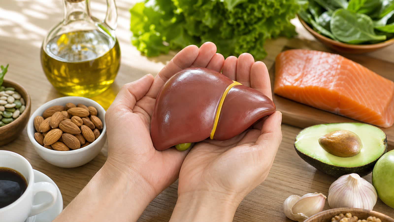 Anatomical model of a human liver held in hands surrounded by fresh liver-friendly foods including leafy greens olive oil salmon nuts and coffee on a wooden table