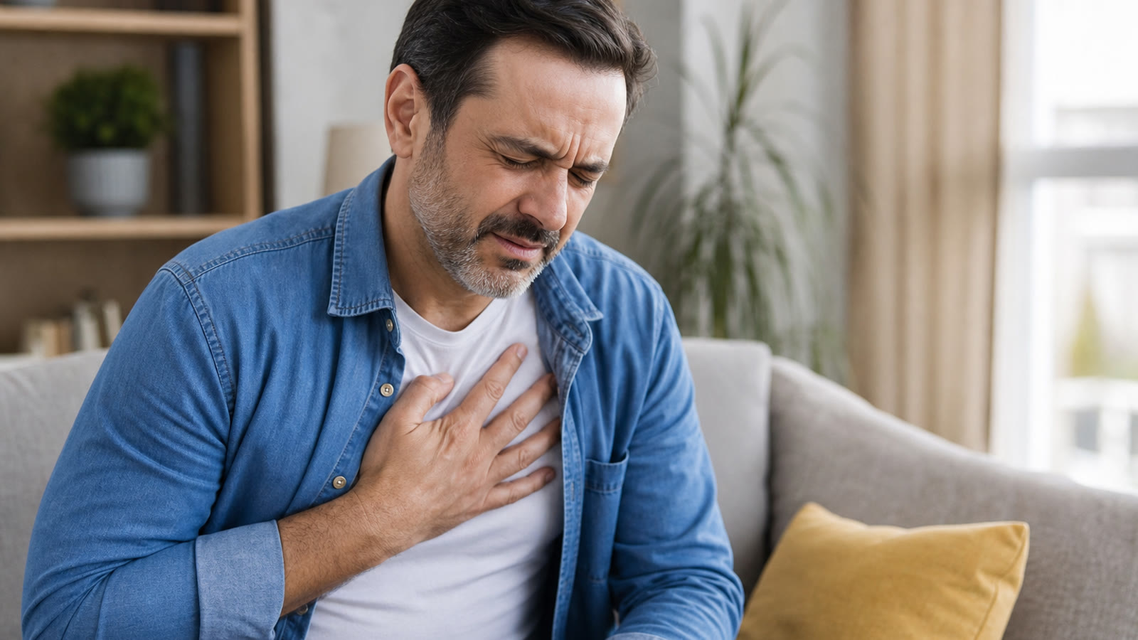 Man sitting on a sofa pressing his hand to his chest with a pained expression from heartburn and acid reflux