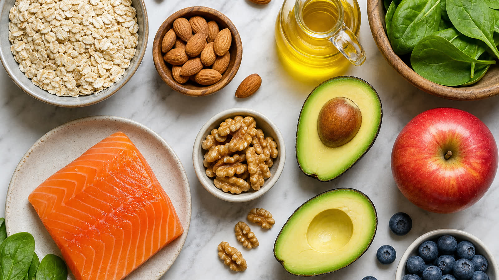 Flat lay of heart-healthy cholesterol-lowering foods including oats salmon avocado nuts olive oil spinach and berries on a marble surface