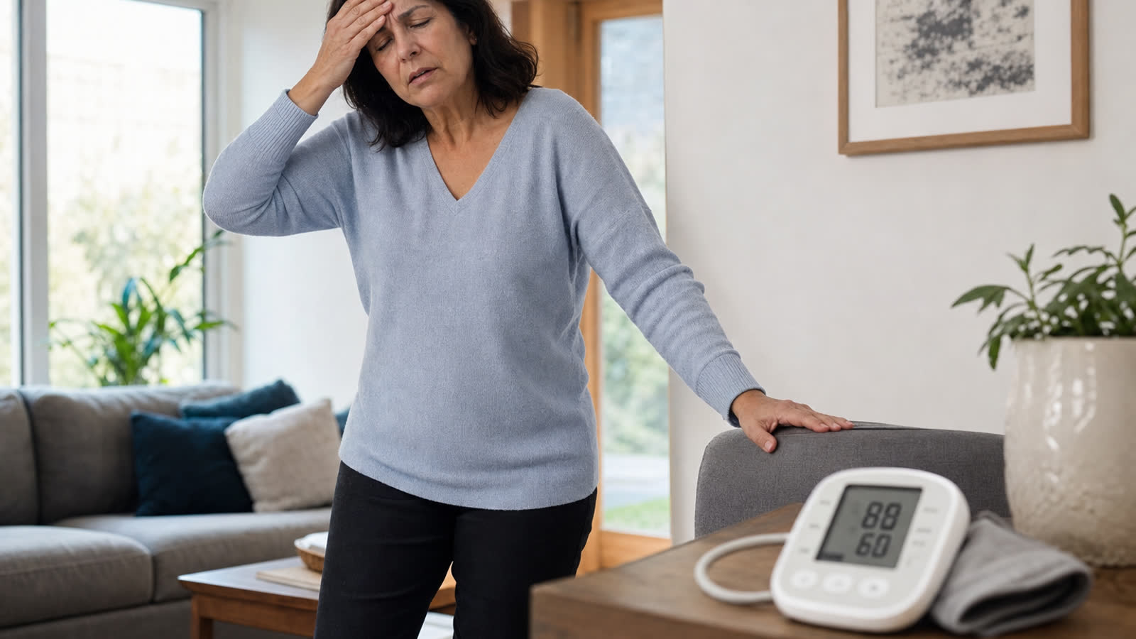 Person feeling dizzy and lightheaded holding their head while standing, with a home blood pressure monitor showing a low reading nearby
