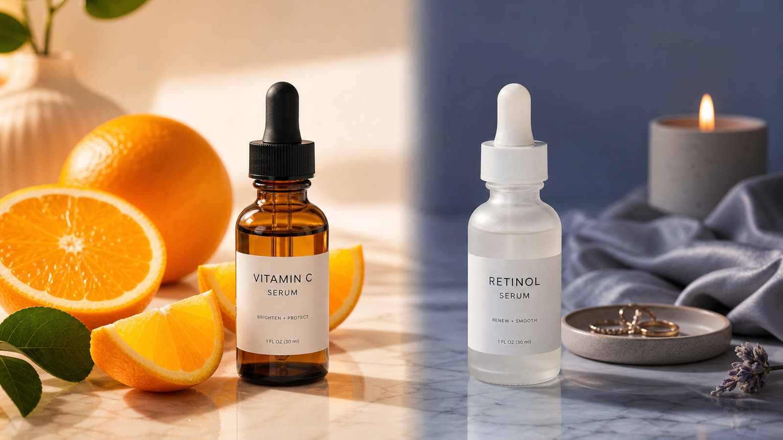 Amber vitamin C serum bottle beside a white retinol serum bottle on a marble surface in soft daylight