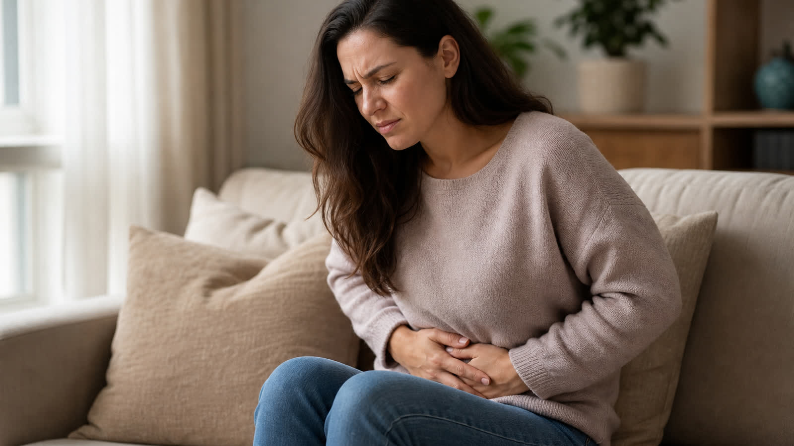 Woman sitting on a sofa holding her lower abdomen with discomfort from a urinary tract infection in soft natural light